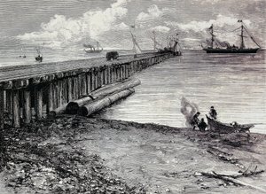 Mina de San Leon, plataforma de embarque de mineral para Maddalena, grabado, Cerdeña, Italia de Italian School
