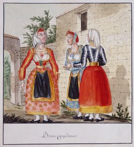 Mujeres sardas con trajes de Campidano, impreso ms.258, Colección Luzzetti de Italian School