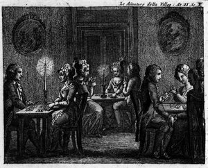 Escena 10 del Acto II de la pieza cómica “Las aventuras de la ciudad” (1756) de Carlo Goldoni (1707-1793): mesas de juego. Grabado del siglo XVIII de Italian School