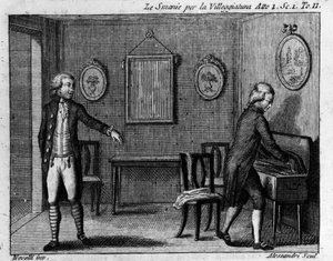 Escena 1 del Acto I de la pieza cómica “La smania per la villeggiatura” (La ville) (1761) de Carlo Goldoni (1707-1793). Grabado del siglo XVIII.