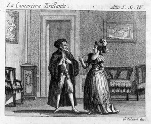 Escena 4 del Acto I de la pieza cómica “La cameriera brillante” (La criada brillante) (1754) de Carlo Goldoni (1707-1793): mesas de juegos. Grabado del siglo XVIII de Italian School