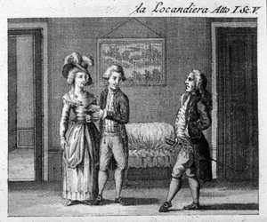 Escena 5 del Acto I de la obra "La locandiera" (1753) de Carlo Goldoni (1707-1793). Grabado del siglo XVIII