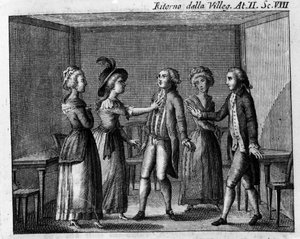 Escena 8 del Acto II de la pieza cómica “Ritorno della villeggiatura” (Regreso de la ciudad) (1761) de Carlo Goldoni (1707-1793). Grabado del siglo XVIII de Italian School