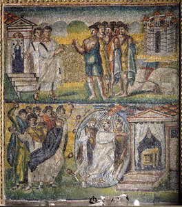 Escenas de la vida de Moisés: el regreso de los doce espías enviados por Moisés a la tierra prometida, intento de apedreamiento de Moisés (mosaico) de Italian School