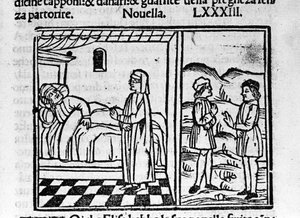 Simone hace creer a Calandrino que lleva un niño en el estómago. Ilustración para la novela 83 (Novela 3 del noveno día) del “Decamerón” de Giovanni Boccaccio (1313-1375), escritor italiano. Grabado en “Decamerone ouer Cento novelle” de Italian School