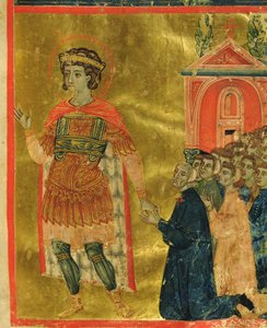 Algunos hermanos rezando a San Teodoro, de una Mariegola, 1350 de Italian School