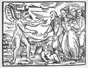 Hechiceros presentando un niño al Diablo, de Compendium Maleticarum por Fr M Guaccius (1608) ilustrado en una historia de la magia publicado a finales del siglo XIX de Italian School