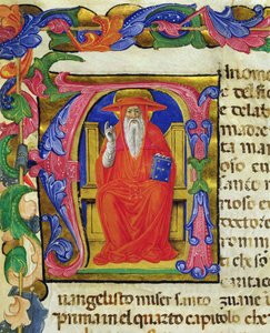 San Jerónimo, de una Mariegola del gremio laico de San Jerónimo, c.1400 (tinta y hoja de oro sobre vitela)