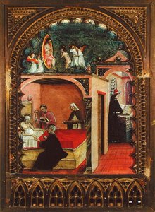 San Jerónimo en su celda y el sueño de San Jerónimo, c.1450 (óleo sobre tabla) de Italian School