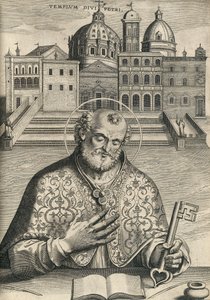 San Pedro frente a la Basílica de San Pedro de Septem Urbis Ecclesiae Primariae, pub. 1599 de Italian School