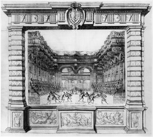 Diseño escénico de Giacomo Torelli (1608-78) para la Finta Pazza representada en 1645 en el Théâtre Petit Bourbon en París, 1654 de Italian School