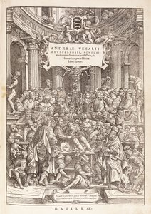 El autor realizando una disección anatómica en un teatro quirúrgico, 1543