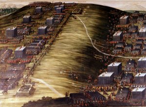 La Batalla de la Montaña Blanca (Guerra de los Treinta Años) el 8 de noviembre de 1620 entre los checos y los ejércitos imperiales de los Habsburgo. Pintura al óleo. Roma, Sacristía de la Iglesia de Santa María la Mayor de la Victoria de Italian School