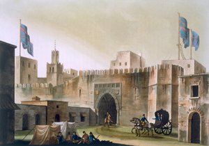 La puerta Beb Kar en Túnez, con europeos en un carro tirado por caballos, c.1820s-30s