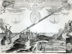 El espejo ardiente de Arquímedes, ilustración de Ars Magna Lucis et Umbrae, por Athanasius Kircher, Roma, 1646 de Italian School