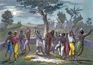 El Baile del Mombo-Jombo, según los viajes de Mungo Park, de Una Historia del Vestuario por J. Ferrario, pub. c.1820