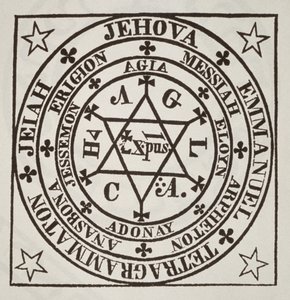 El gran círculo mágico de Agrippa para la evocación de demonios, copia de una ilustración de Les Oevres Magiques de Henri Corneille Agrippa, Roma 1744, usado en una Historia de la Magia, publicado a finales del siglo XIX de Italian School