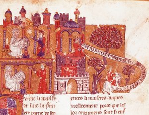 El filósofo griego Aristóteles (383-322 a.C.) enseña a sus estudiantes moralidad y desprecio por las mujeres (misoginia). Miniatura de un manuscrito italiano del siglo XIV. Biblioteca Inguimbertine Municipal de Carpentras.