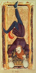 El ahorcado, carta de tarot de la baraja "Carlos VI" o "Gringonneur" (carta pintada)