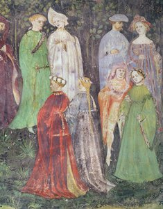 El mes de junio, detalle de nobles y mujeres caminando, c.1400 (fresco) de Italian School