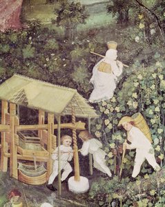 El mes de octubre, detalle de vendimiadores prensando uvas, c.1400 (fresco) de Italian School