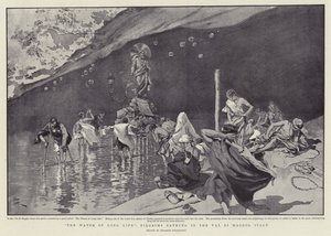 "El agua de la larga vida", peregrinos bañándose en el Val di Maggio, Italia (litografía) de Italian School