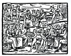 El Sabbath de las brujas, copia de una ilustración del Compendium Maleficarum por Fr M Guaccius, Milán 1608, usada en Historia de la Magia, publicada a finales del siglo XIX de Italian School