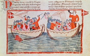 La batalla de Meloria, miniatura de las Nuevas Crónicas de Giovanni Villani, Italia siglo XIV