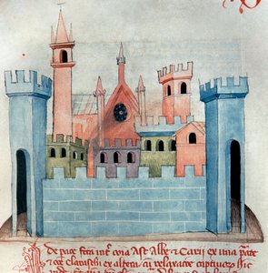 La ciudad de Cherasco (Querasque) en la provincia de Coni en Piamonte en Italia. Iglesia y torre de fortificación de la ciudad medieval. Página del Codex Astensis o Malabayla. Miniatura del siglo XIII. Asti, Archivio Storico Comunale