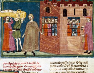 La distribución de comidas a prisioneros. Miniatura de la escuela florentina tomada de una edición extendida del Pater noster por Ser Zucchero Bencivenni (MS.II.VI 16) a principios del siglo XIV. Florencia, biblioteca nacional