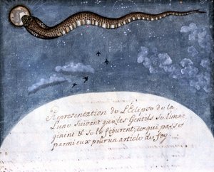 El eclipse de la luna imaginado por los indios Mogol (una serpiente devorando la luna). Página tomada del manuscrito “Historia de Mogol” (Moghul o Moghol) por Stefano Nivibus Cardeira. Siglo XVIII. Biblioteca Marciana, Venecia
