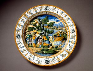 El encuentro de Aarón y Moisés. Plato de cerámica producido en Urbino en el taller Fontana, Italia. Alrededor de 1550 Florencia, Museo Nacional del Bargello