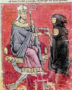 El monje Benedetto da Bari (representando joven y viejo para indicar que escribir su obra le ha llevado toda la vida) entrega al abad Balsamo (siglo XIII), líder de la abadía benedictina de Cava de Tirreni, su códice De Septem Sigillis de Italian School