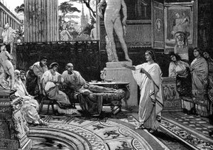 El poeta Virgilio (70 a.C. - 19 a.C.) recita “La Eneida” al caballero romano Mecenas. Ilustración de Francesco Pogliaghi, “Storia d