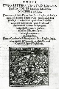 Página de título de una copia de una carta enviada desde la corte de la Reina de Inglaterra