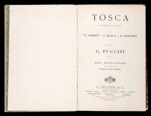 Página de título, Libretto della Tosca de Giacomo Puccini, Edizione Ricordi, Italia de Italian School