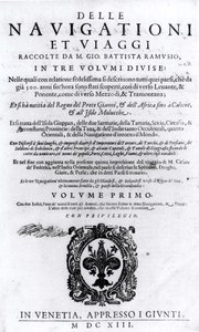 Página de título del volumen I de Delle Navigationi et Viaggi por Giovanni Ramusio (1485-1557) publicado en 1613