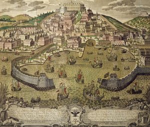 Ciudad de Trieste y su puerto libre, grabado en color, Italia de Italian School