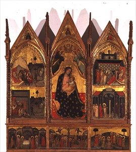Tríptico: Madonna y Niño entronizados flanqueados por escenas de la vida de San Bartolomé con un panel predela de escenas de la vida de Cristo, Escuela de las Marcas