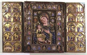 Tríptico de la Madonna y Niño con Evangelistas, Profetas y escenas de la vida de Cristo (madera, filigrana de plata y esmalte) de Italian School