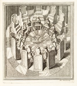 Doce jueces de la Rota rezando en una sala circular rodeando al Espíritu Santo, pub. 1717 de Italian School