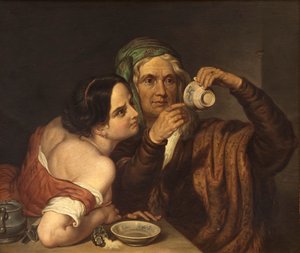 Dos mujeres con una copa (óleo sobre madera) de Italian School