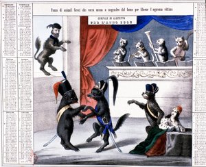 Unificación de Italia: calendario alegórico del año 1865: caricatura que representa al león Giuseppe Garibaldi aprehendiendo saltar sobre el ratón francés y el zorro austríaco para liberar Italia. Los músicos son gatos. Impresión de época. Colección privad
