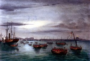 Unificación de Italia: la expedición de los Mil o Camisas Rojas liderada por Giuseppe Garibaldi (1807-1882). Salida de la primera flota del ejército de Garibaldi desde el faro de Messina en Sicilia hacia Calabria. Litografía del siglo XIX de Italian School