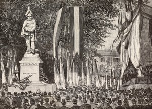 Inauguración del monumento al General Giacomo Medici, Milán, Italia, grabado de un dibujo de Edoardo Ximenes de una fotografía de Rossi, de L