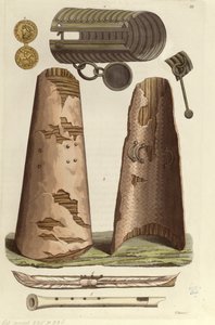 Varios artefactos vikingos: brazalete de bronce, medalla de oro con alfabeto rúnico, escudos, flautas. Ilustración de V. Raineri de 