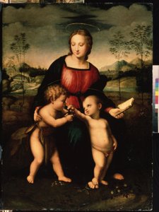 La Virgen y el Niño con Juan Bautista de niño. Pintura anónima, escuela italiana de la segunda mitad del siglo XVI (hacia 1550-1600). Manierismo. Museo de Arte Mikhail Kroshitsky, Sebastopol (Sebastopol