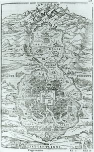 Vista desde el norte de la ciudad azteca de Tenochtitlán, de Relación de la Ciudad de Temistitan por Giovanni Battista Ramusio (1485-1557) publicado en Venecia 1606 de Italian School
