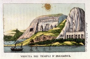 Vista del Templo de Abu Simbel. El autor Giovanni Battista (Gianbattista) Belzoni (1778-1823), es un explorador y arqueólogo italiano, hizo importantes descubrimientos arqueológicos en Egipto. Grabado - en 