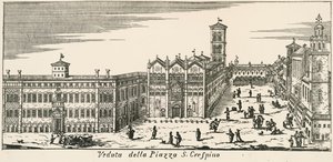 Vista de la Piazza San Crispino y la Catedral de Ferrara, grabado, Italia de Italian School